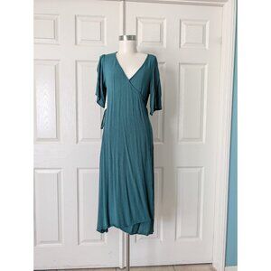Billabong Green Midi Wrap Dress Belt Sz M 46" Long Coquette Flare Sundress